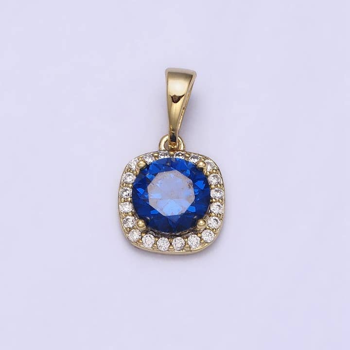 Pendentif Carré Micro Pavé en CZ Rond Saphir Bleu Plaqué Or 14K | AA046 pour la vente par Aim Eternal