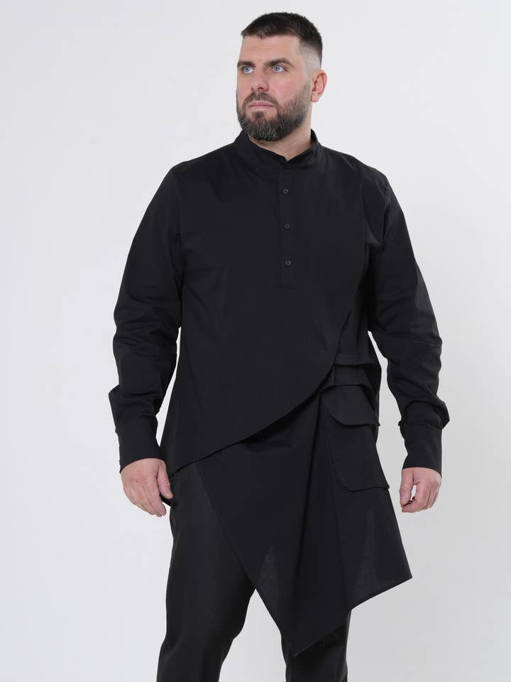 Chemise longue extravagante pour homme, noire pour la vente par Metamorphoza