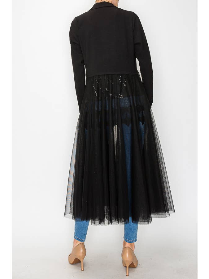 Chic Contrast Longline Blazer Jacket With Mesh Tulle Panel - 4773 BLACK for wholesale on Faire2