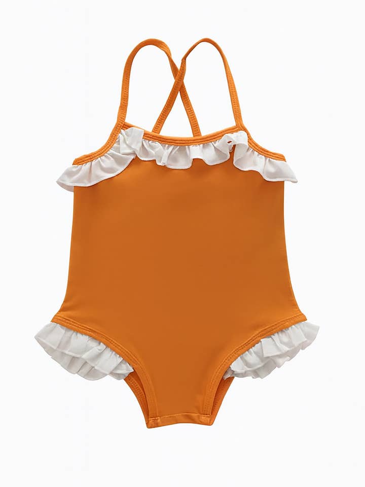 Fennco Styles - Wholesale One Piece Swimsuit - Kids - Terracotta Girls' Ruffle Trim One-Piece Swimsuit 4