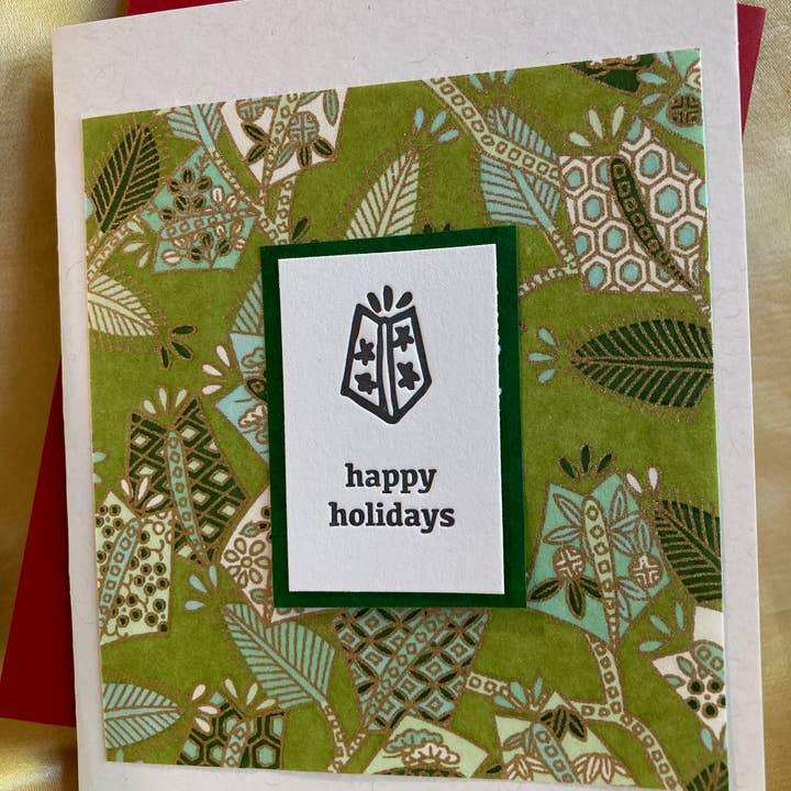 Green Wrapped Gift Holiday card for wholesale by Deep Ink Letterpress