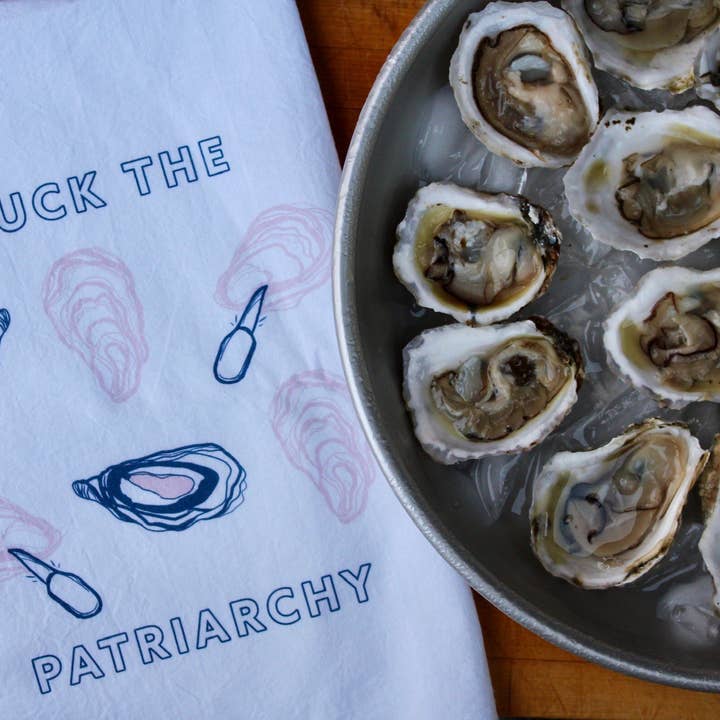 Overseasoned - Wholesale Tea Towel - Shuck the Patriarchy Tea Towel - foodie mother's day gift1