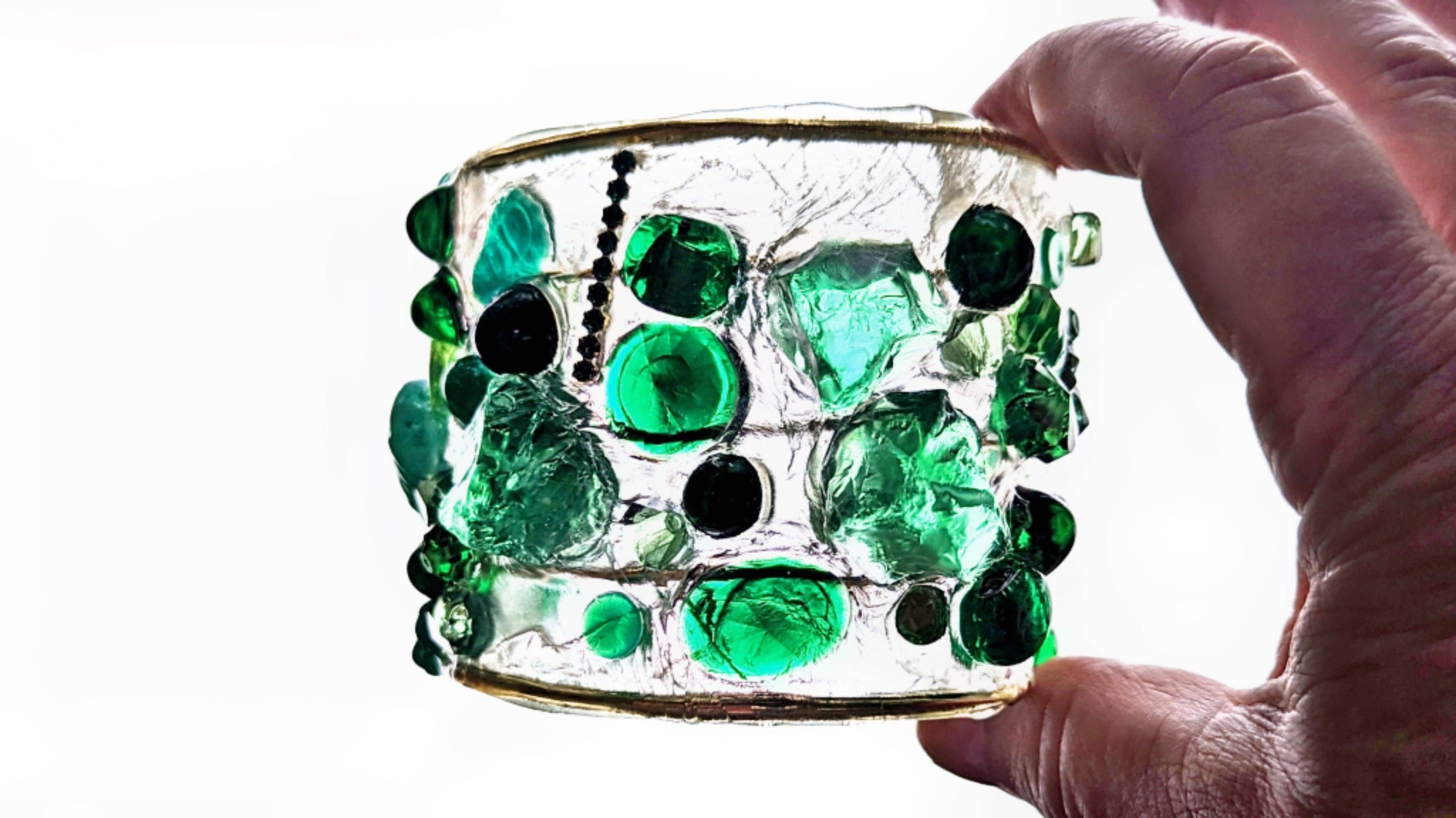 Gay Isber Designs - Wholesale Cuff Bracelet - Emerald Green Clear Confetti 2.5 inch wide Clear Resin Cuff Bracelet Vintage Swarovski Faceted Stones Handmade Sustainable USA Sugar Gay Isber6