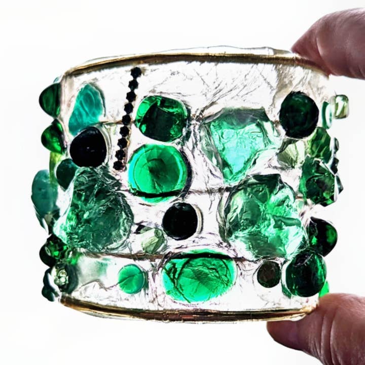 Gay Isber Designs - Wholesale Cuff Bracelet - Emerald Green Clear Confetti 2.5 inch wide Clear Resin Cuff Bracelet Vintage Swarovski Faceted Stones Handmade Sustainable USA Sugar Gay Isber6