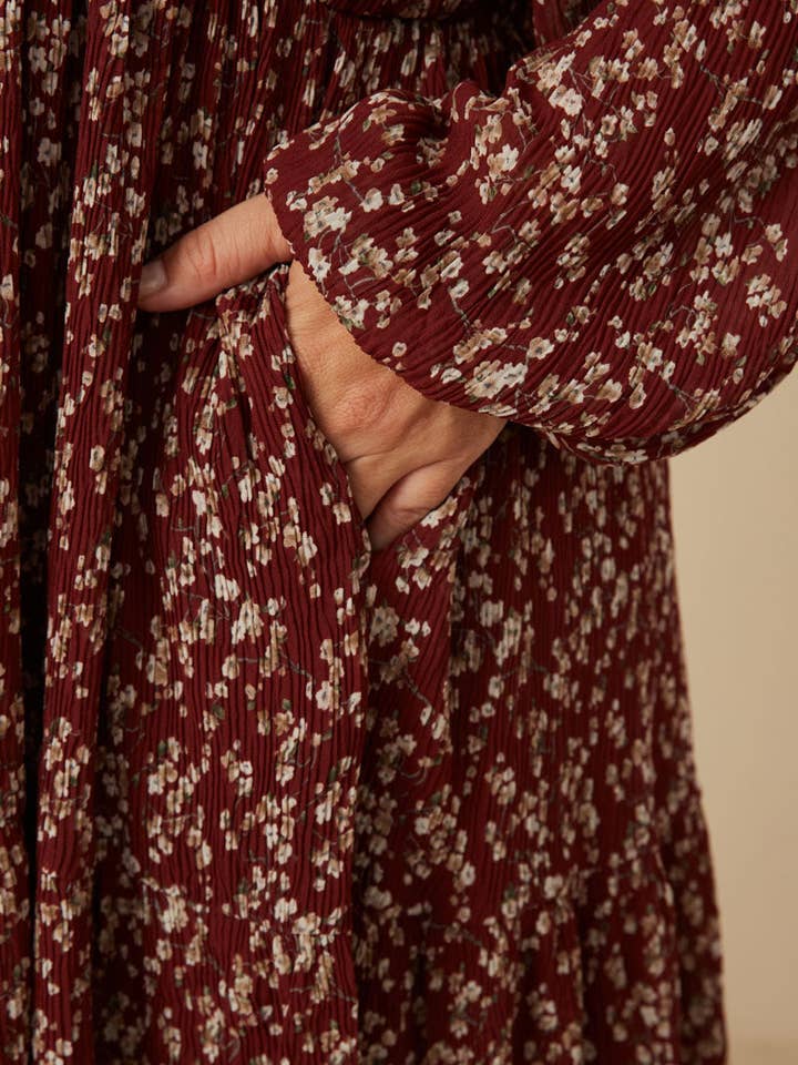 Burgundy Womens Textured Floral Long Sleeve Tiered Dress for wholesale on Faire7
