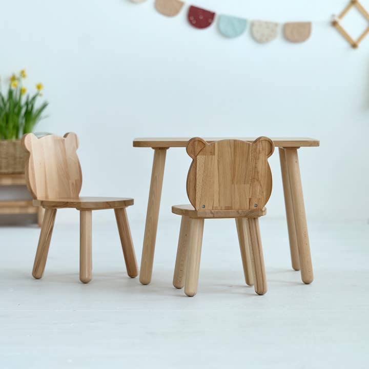 ODEAS - Venta al por mayor Sillas - Niños - Set de mesa infantil de madera y dos sillas con forma de oso