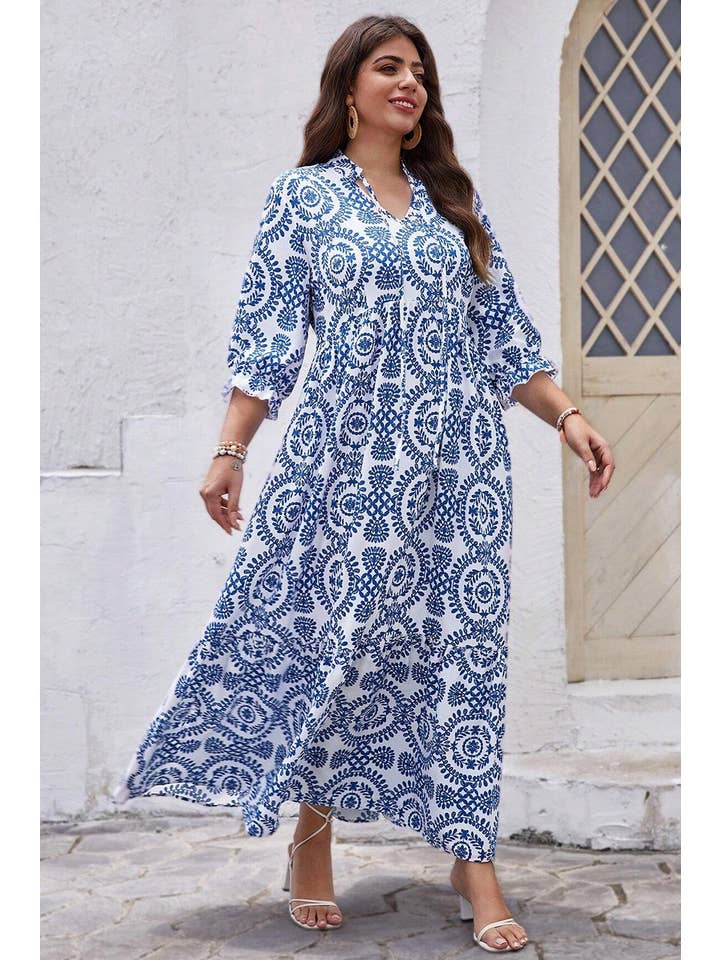Sky Blue Geometric Print Lace-up Notch Neck Plus Size Maxi Dress for wholesale on Faire
