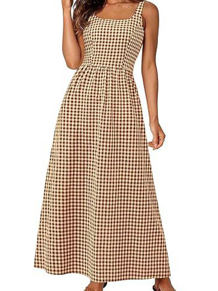 NINEXIS - Wholesale Dress - Women's - CWDHL1084_SPAGHETTI STRAP SQUARE NECK PLAID SHIRRED DRESS3