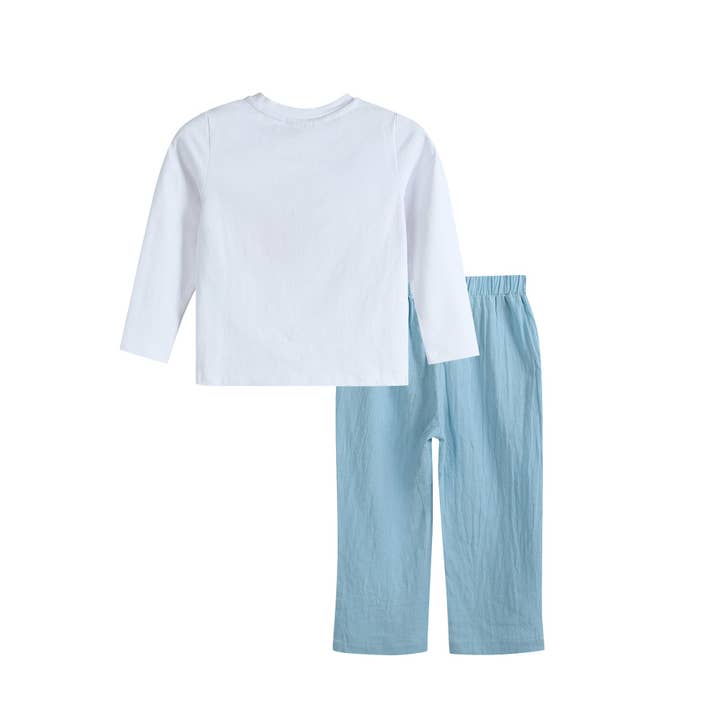 Lil Cactus - Wholesale Top & Pant Set - Kids - White Pumpkin Shirt and Blue Pants Set1