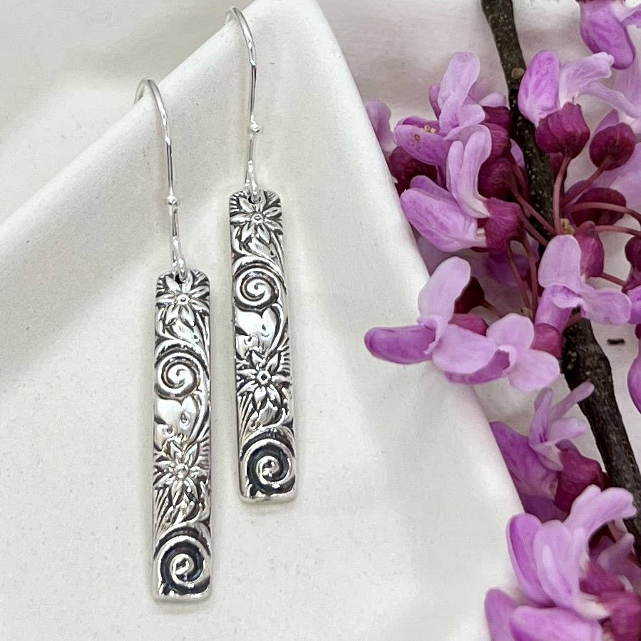 Simply Sterling Designs - Wholesale Dangle Earrings - Flowers and Swirls Sterling Silver Bar Earrings1
