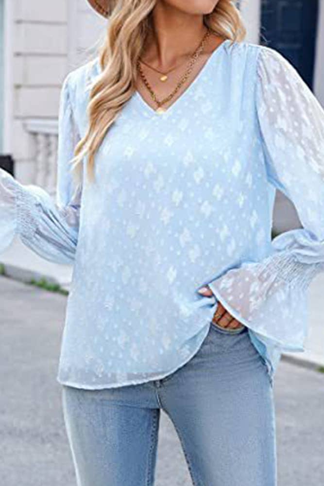 UNISHE - Wholesale Blouse - Women's - V Neck Lace Sheer Flare Sleeves Blouse AXR0050