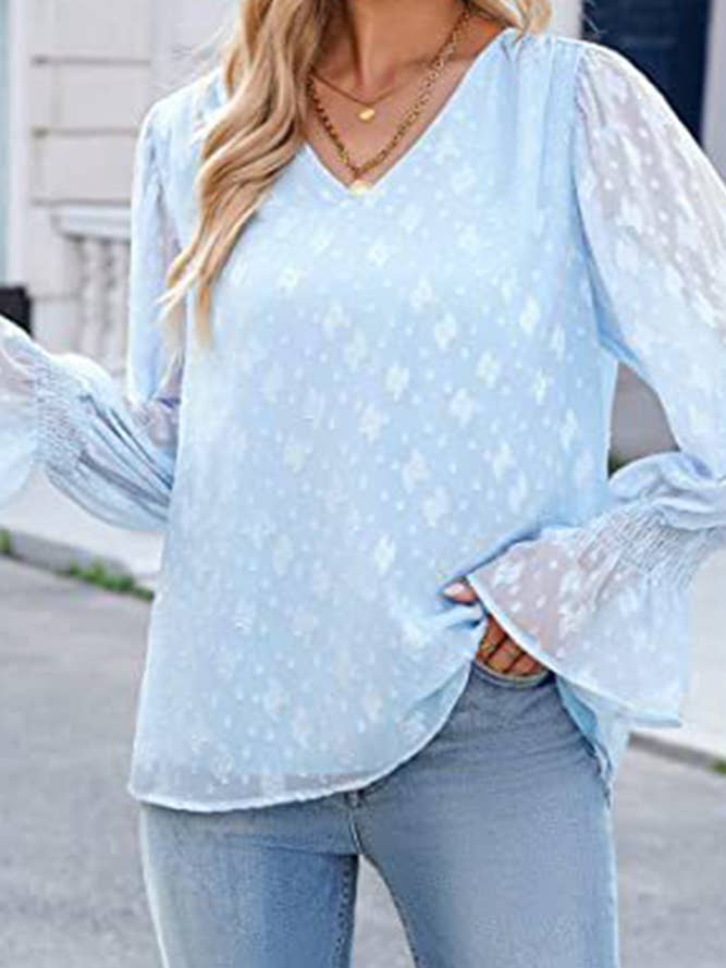 UNISHE - Wholesale Blouse - Women's - V Neck Lace Sheer Flare Sleeves Blouse AXR005