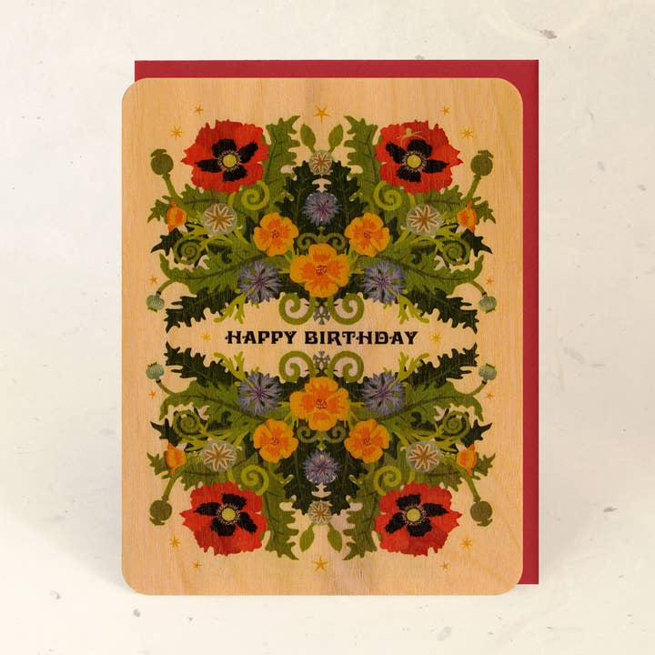 Birthday Poppy Wood Greeting Card for wholesale by Little Gold Fox Designs