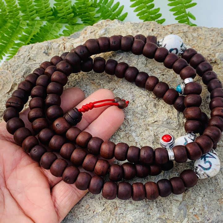 Tibetan Buddhist Old Bodhi Seed Mala / Silver Spacers / Old Conch Shell Accent / 2 Silver Markers for wholesale by Lungta Imports