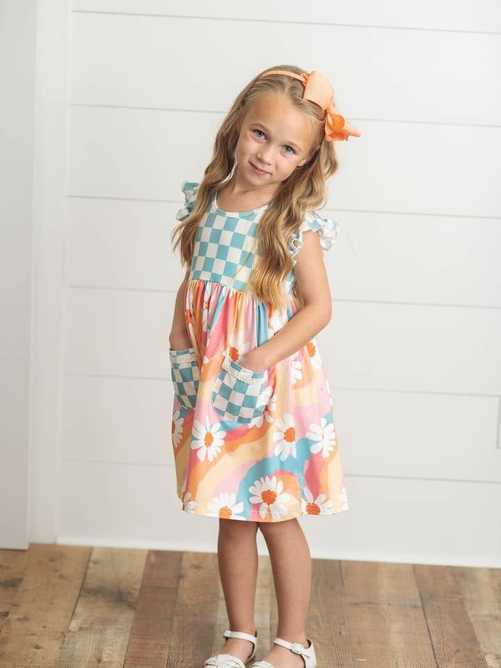Kids Rainbow Retro Check Daisy Pocket Twirl Spring Dress for wholesale by Oopsie Daisy