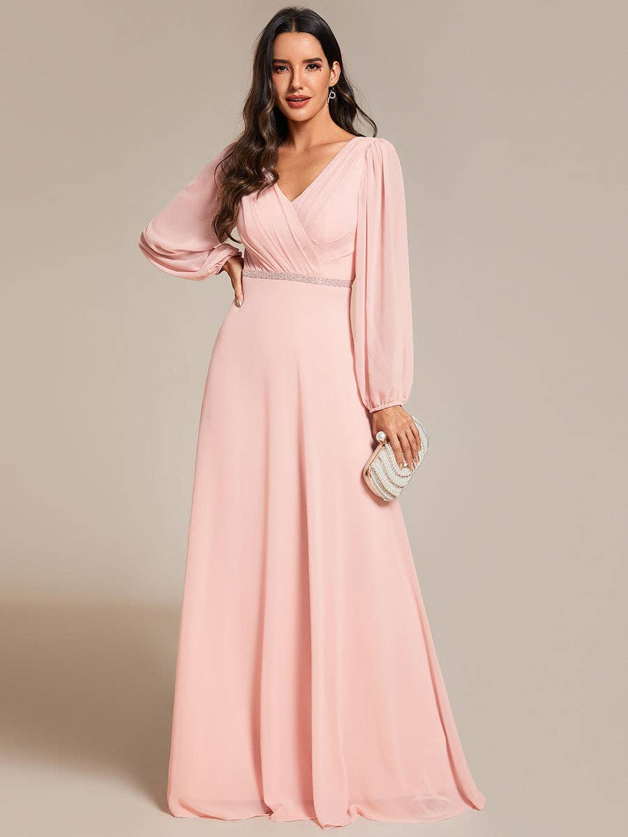 Ever-Pretty - Wholesale Gown - Women's - Elegant waisted chiffon V-neck Long Sleeve guest Dress63