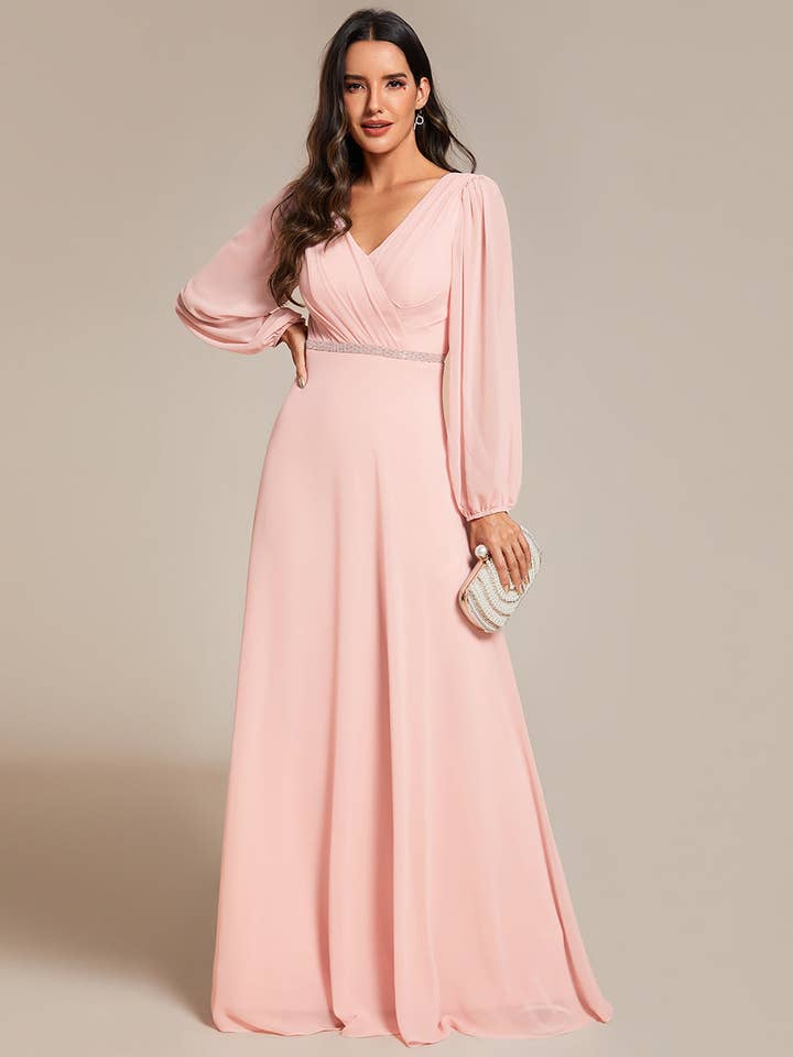 Ever-Pretty - Wholesale Gown - Women's - Elegant waisted chiffon V-neck Long Sleeve guest Dress63