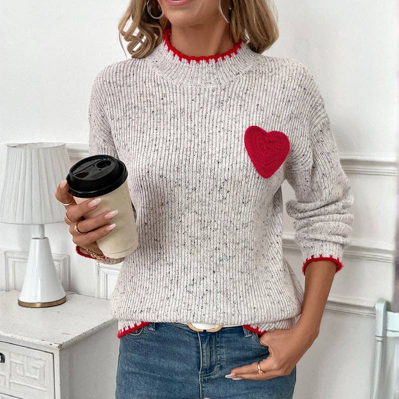 Grayish Half Turtleneck Valentine's Day Heart Pattern Sweater Crew Neck Casual Pullover for wholesale on Faire