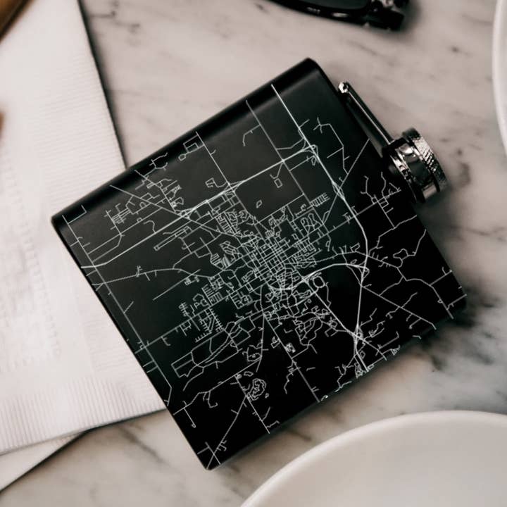 Starkville MS Map Hip Flask in Matte Black for wholesale by JACE.design