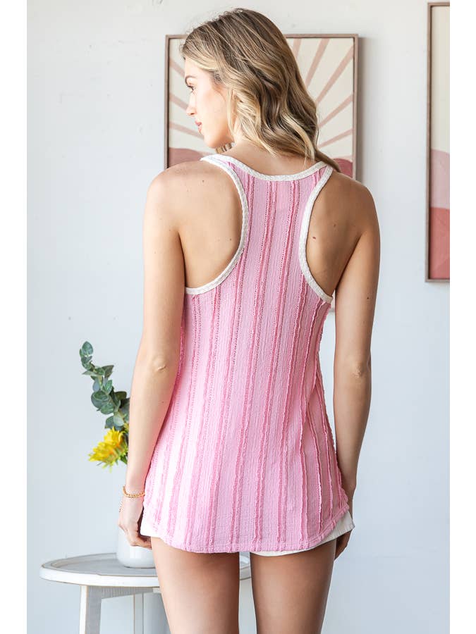 7th Ray - Venta al por mayor Túnica - Mujer - Top de Tirantes con Textura Arrugada y Contraste de Color Cuello Redondo T59381