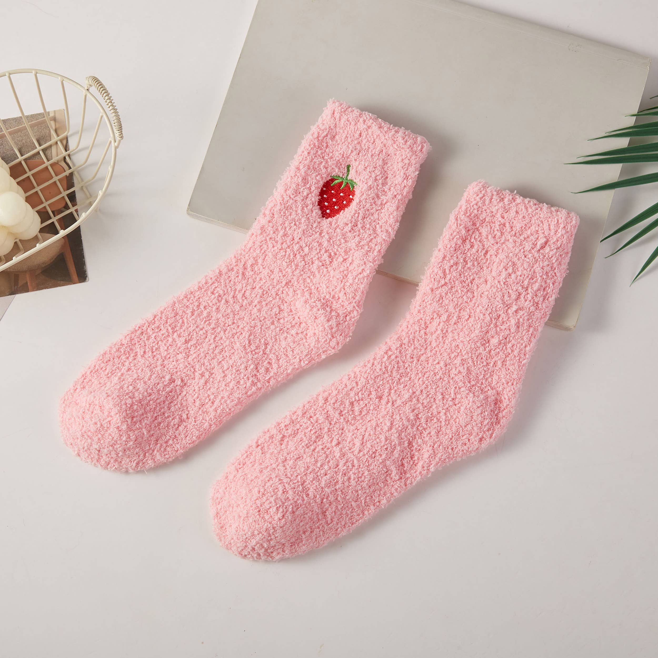 Hana – wholesale Socks – Women's – Fruit Point Embroidery Solid Fuzzy Sleep Socks2