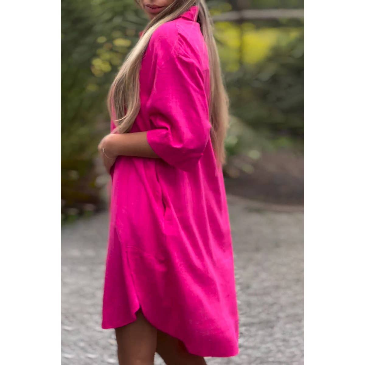Fuchsia Plus A Line Button Loose Fit Pockets Solid Dress for wholesale on Faire2