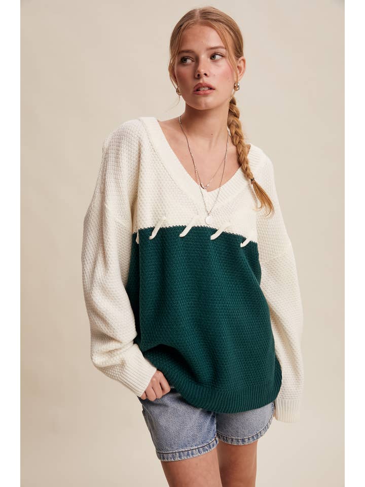 Listicle - Wholesale Knitted jumper – Women′s - Two-Tone Lace-Up Detail Sweater LSW087916