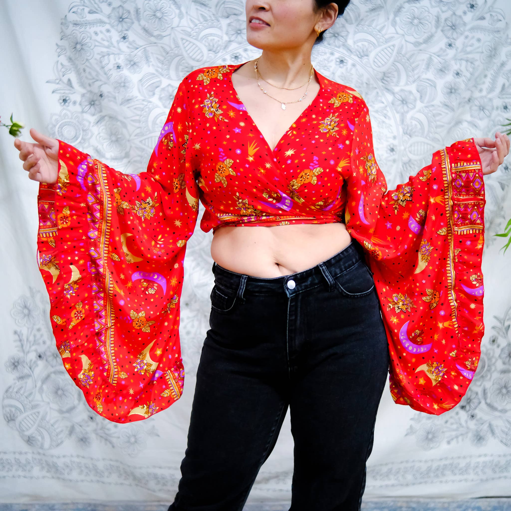 Karma Nepal Crafts - Wholesale Blouse - Women's - Bohemian Celestial Style Bell Sleeve Wrap Top with Ruffle6