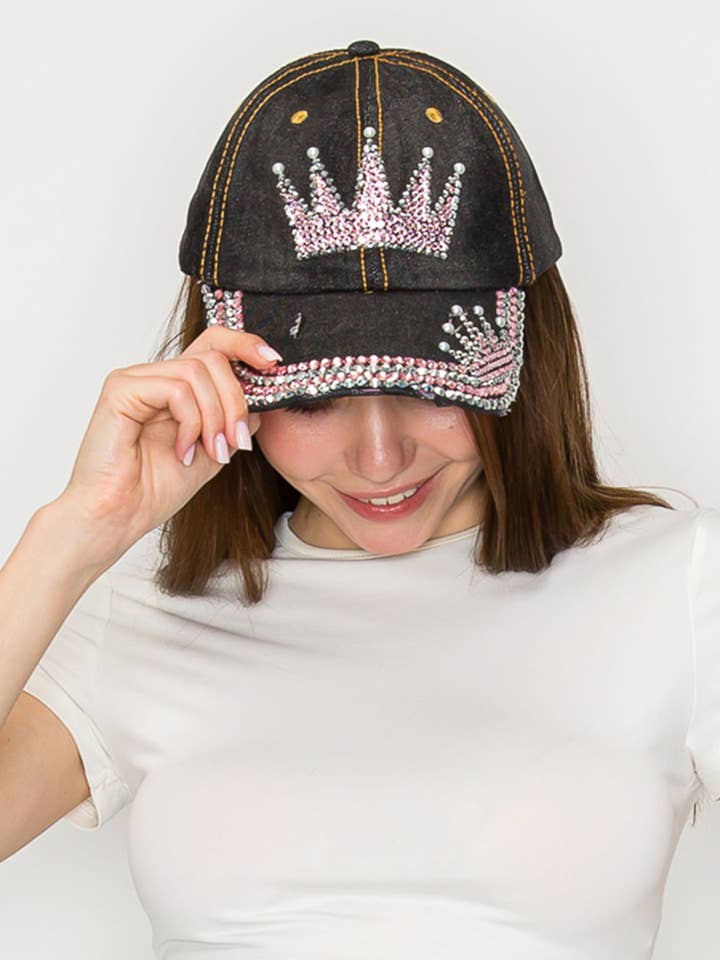 Berretto in denim con corona da regina decorata con strass. per la vendita all'ingrosso da parte di SP Sophia Collection