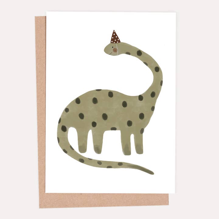 Dinosaur in a Party Hat Greeting Card for wholesale by HeatherLucyJ Design