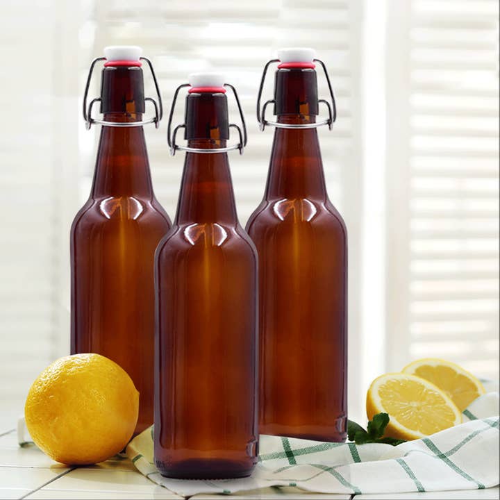 Nevlers - Wholesale Beer/wine caddy - Amber Glass Swing Top Beer Bottles - 16 oz. (Set of 12)2