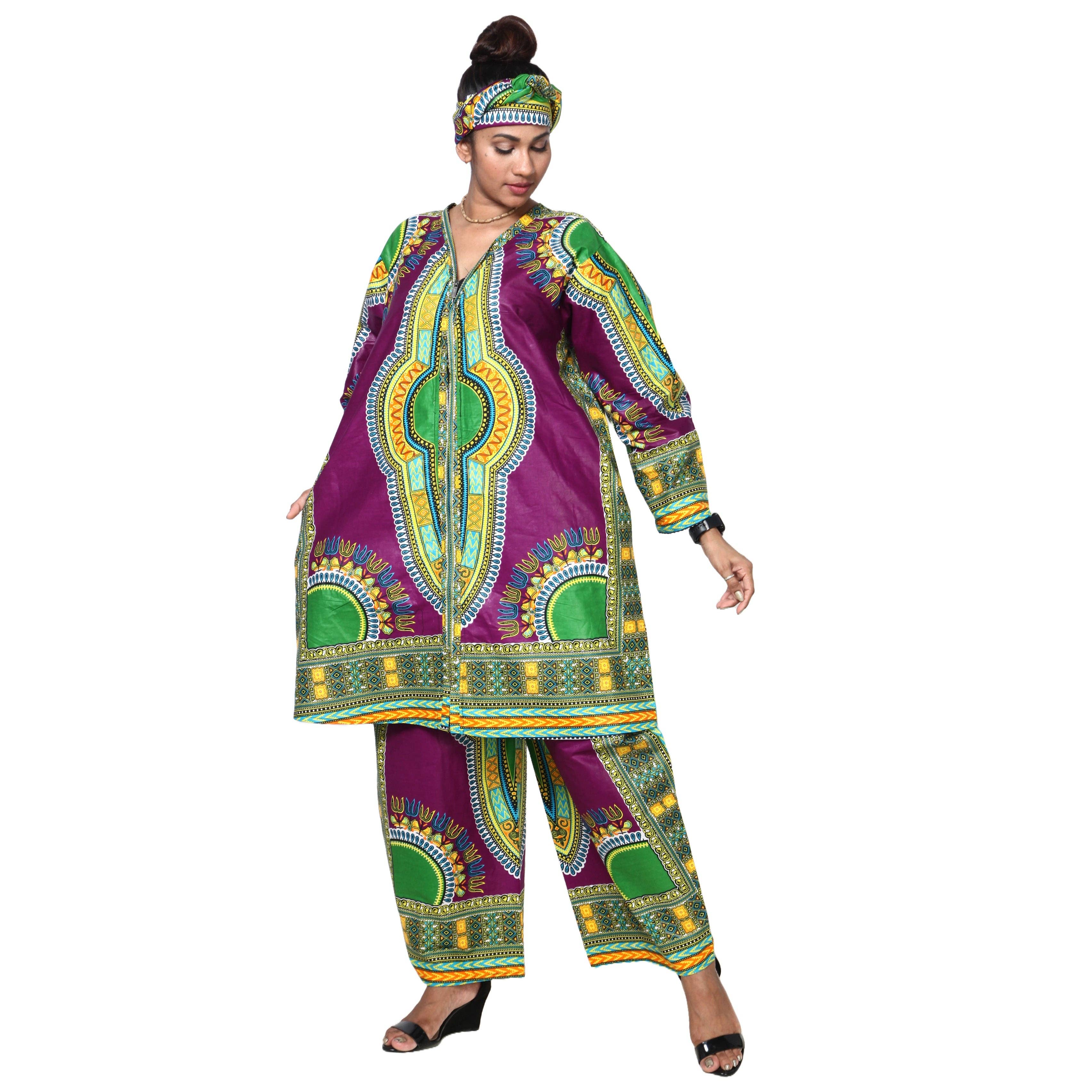 African Stars - Wholesale Top & Pant Set (NOT Loungewear) - Women's - Women's Dashiki Tunic Top and Matching Pants Set -- FI-40494