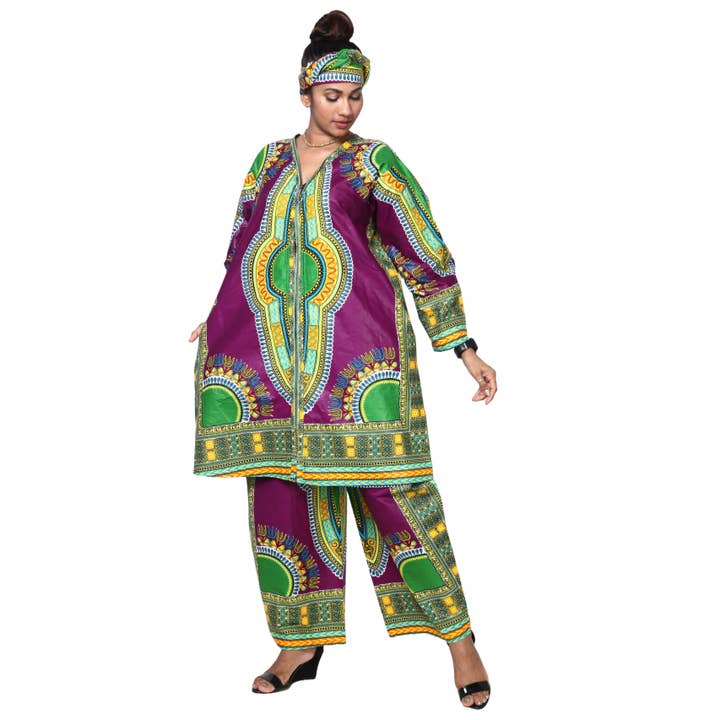 African Stars - Wholesale Top & Pant Set (NOT Loungewear) - Women's - Women's Dashiki Tunic Top and Matching Pants Set -- FI-40497
