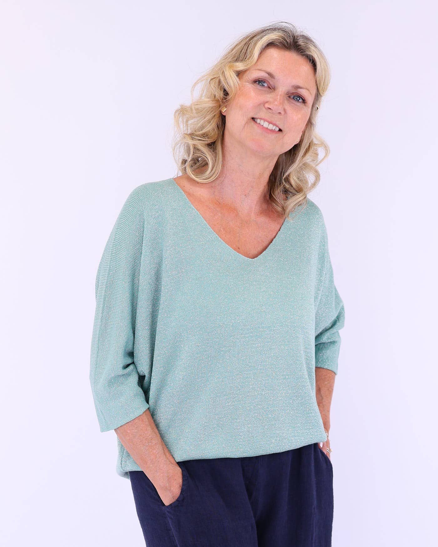 Cadenza Italy Ltd – wholesale Knit top – Women's – Modal Blend V Neck Sparkle Top1