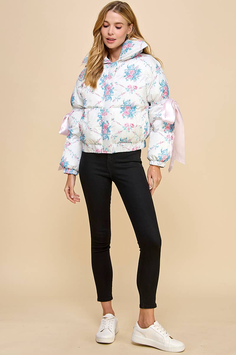 TCEC - Wholesale Puffer Jacket - Women's - CJ6546-Floral Print Bow Knot Elbow String Puffer Jacket5