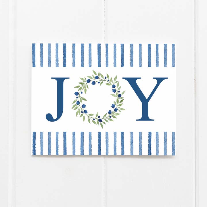 Joy Wreath Blue Holiday Greeting Card for wholesale by Elizabeth Denniston Design