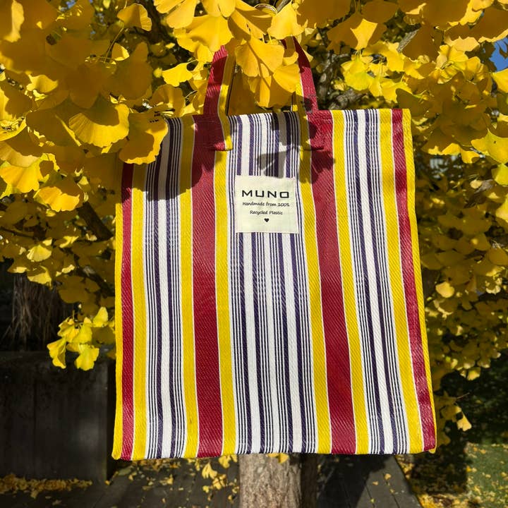 Handmade Recycled Nylon Shopping Bag - Blue, Red & Yellow for wholesale by Muno