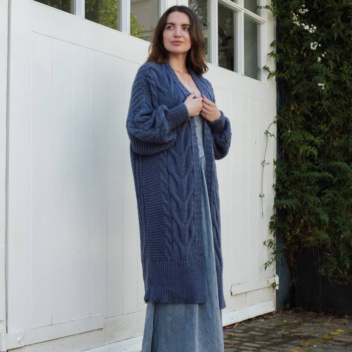 Cara & The Sky - Wholesale Cardigan - Women's - Alex Cable Balloon Sleeve Maxi Cardigan - Denim3