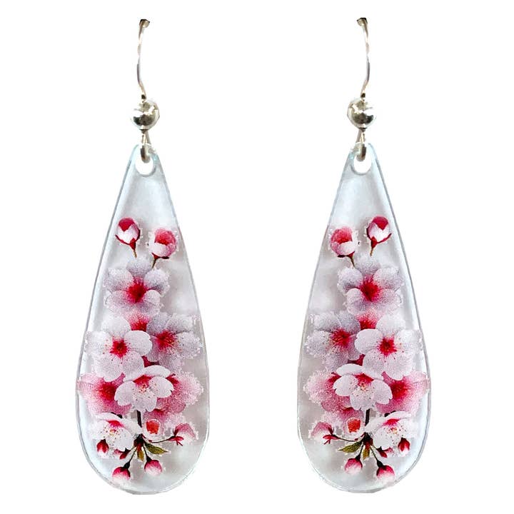 Cherry Blossom Flower acrylic earrings, sterling silver wire for wholesale by d'ears inc.