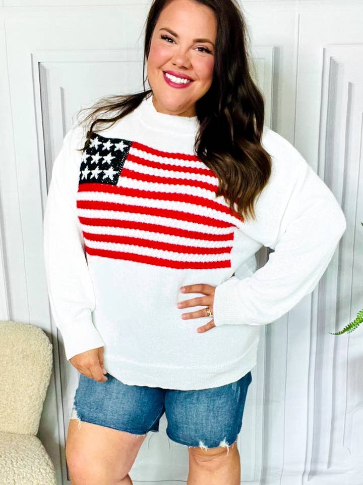 Weißer gehäkelter Oversize-Strickpullover mit amerikanischer Flagge (offene Packung) für den Großhandel von Promenade