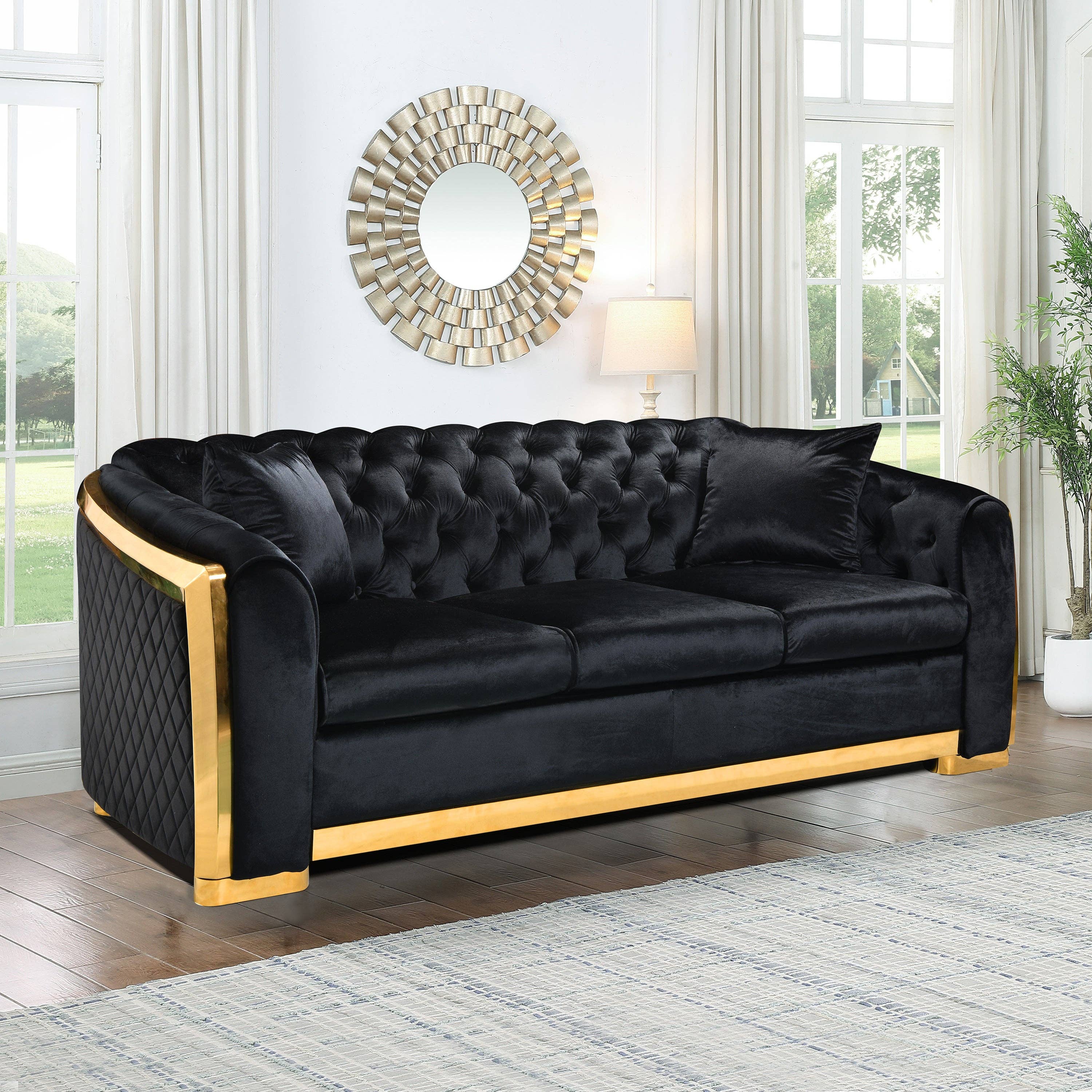 39F Inc. - Wholesale Sofa - Black Velvet Chesterfield Sofa – 84" Tufted 3-Seat9