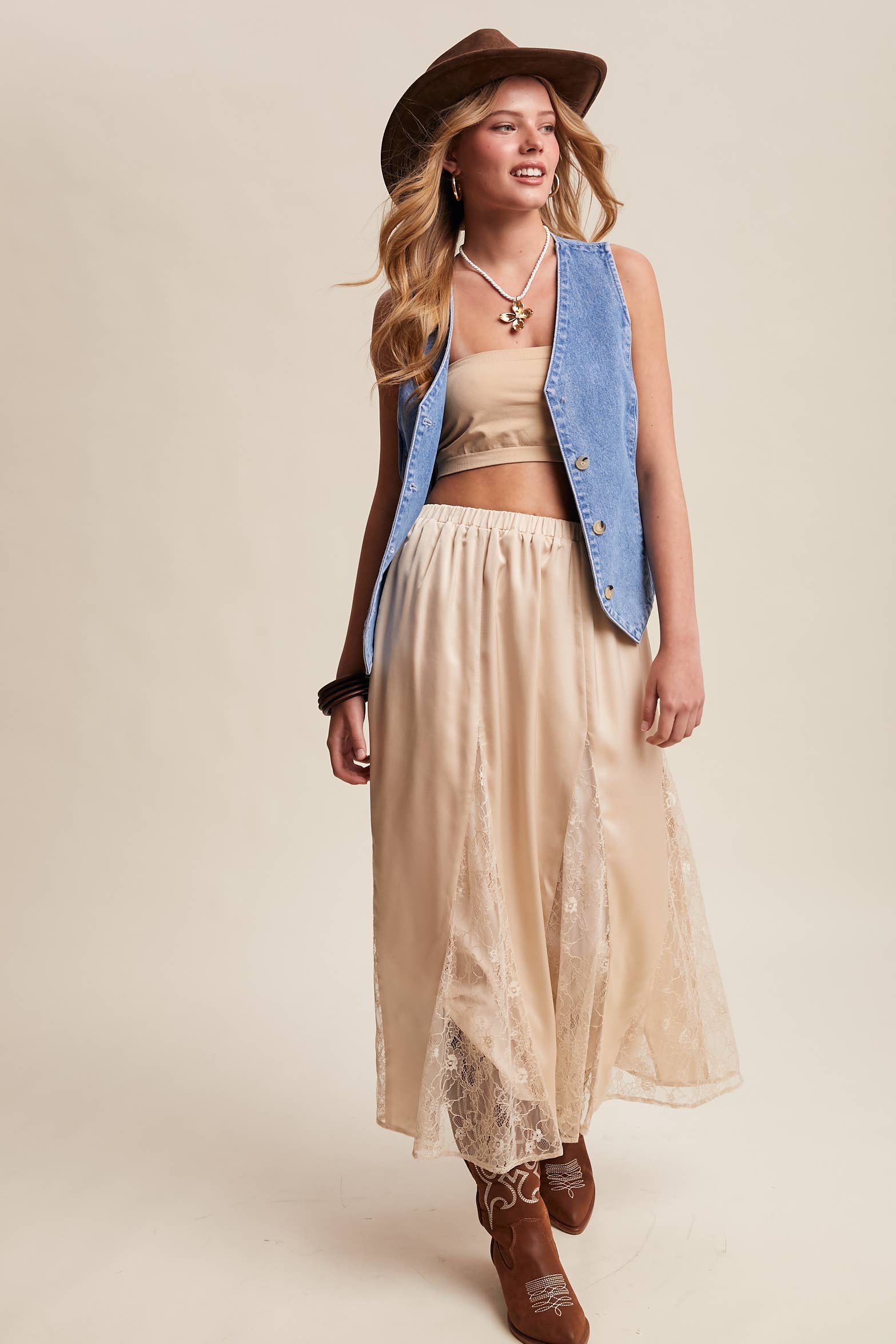 Listicle – wholesale Skirt – Women’s – Lace Inset Satin Midi Skirt LSK027210