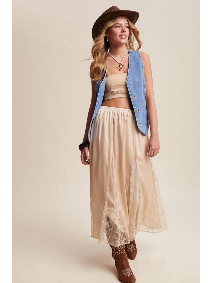 Listicle - Wholesale Skirt - Women's - Lace Inset Satin Midi Skirt LSK027210