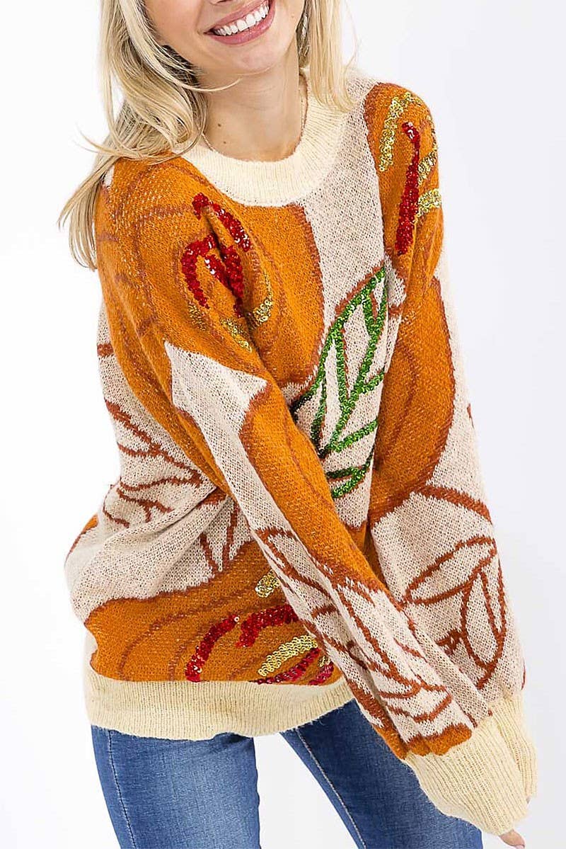 BEIGE MULTI LEAF PRINT SEQUINS PULLOVER KNIT SWEATER for wholesale on Faire
