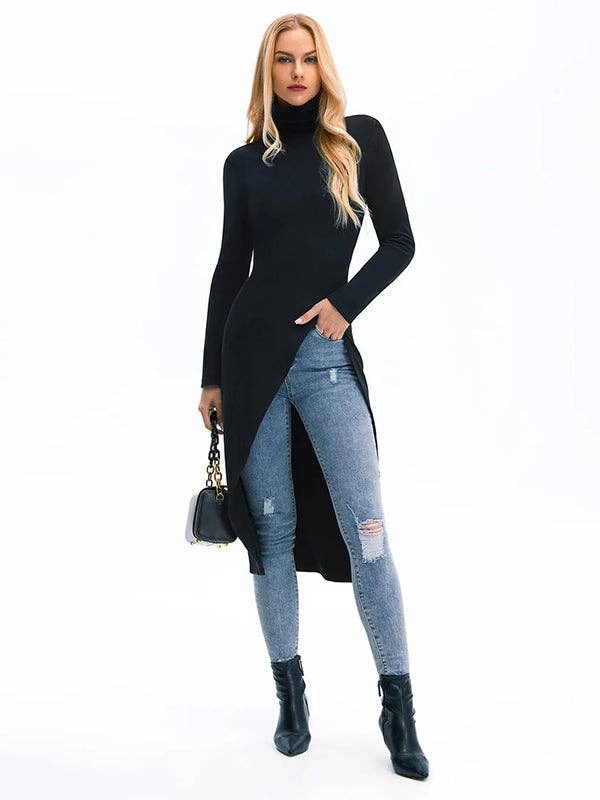 FurDecoration - Wholesale T-Shirt - Women's - Solid Color High-Neck Skinny Fit T-Shirt with Split Sides4