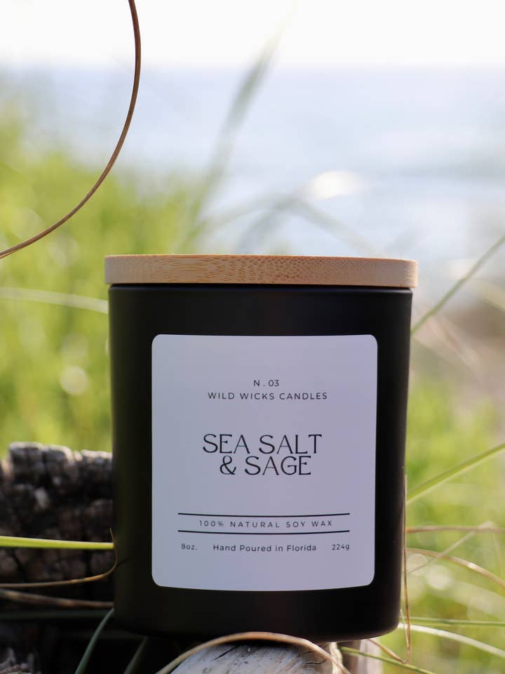Sea Salt & Sage Candle- 8 oz. Soy, Non-Toxic, Herbal + Fresh for wholesale by Wild Wicks Candles