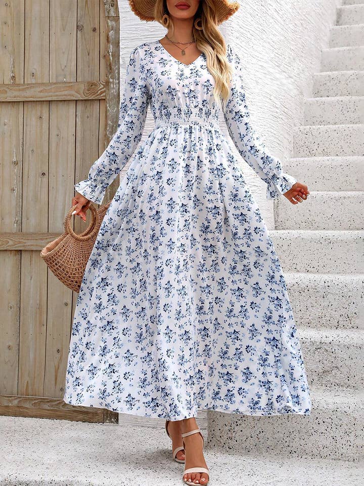 WHITE FRENCH ELEGANT WINDLASS WAIST FLORAL LONG DRESS for wholesale on Faire0