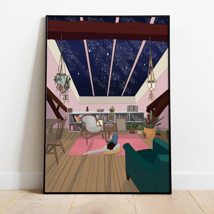 Starry Night Loft Illustration Art Print for wholesale by Moonbean Designs