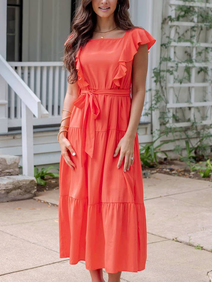 Ruffle Summer Dress in Papaya for wholesale by Grace and Lace