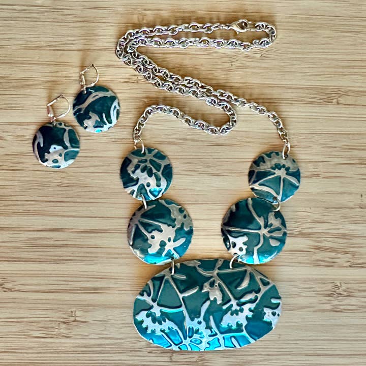 Vintage Tin Necklace & Earrings Set- Teal Ginkgo Inspired for wholesale by TTE Designs